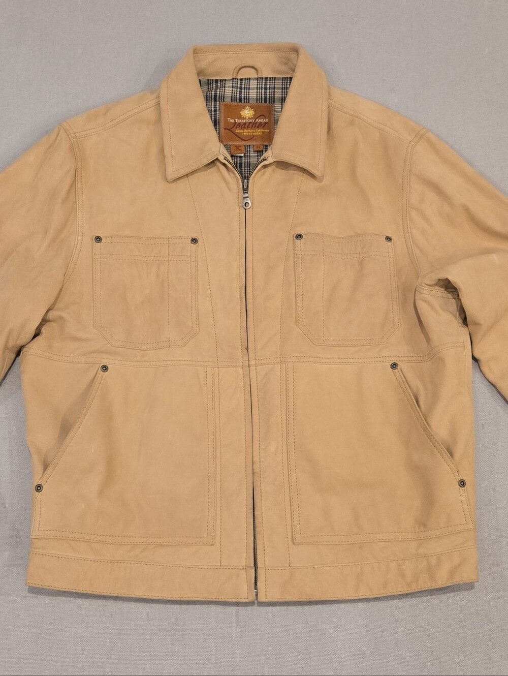 The Territory Ahead Leather Field Jacket Men M Tan Plaid Lined Butter Soft Heavy